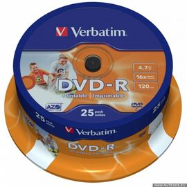  Диск DVD-R Verbatim 4,7Gb 16x Cake Box Printable (25шт) 43538 