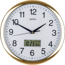  Настенные часы Perfeo "PF-WC-014", круглые д. 30 см, золотой корпус / белый циферблат 