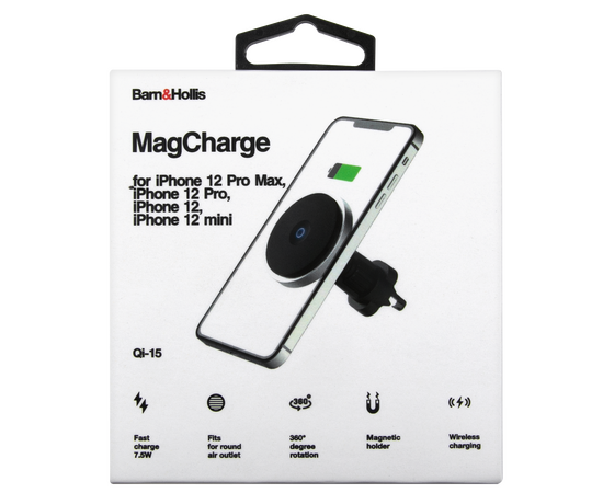  Автомобильный держатель Barn&Hollis Qi-15 MagCharge с беспроводной зарядкой в воздуховод, черный 