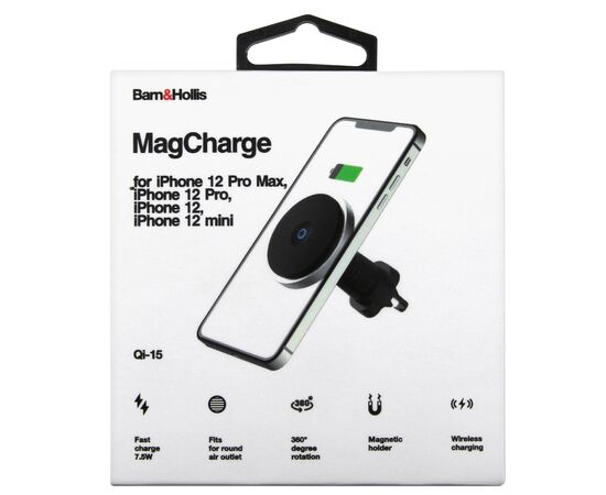  Автомобильный держатель Barn&Hollis Qi-15 MagCharge с беспроводной зарядкой в воздуховод, черный 