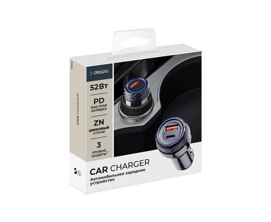  АЗУ USB A + USB-C, PD, QC 3.0, 52W, металл, графит, Deppa, 11213 