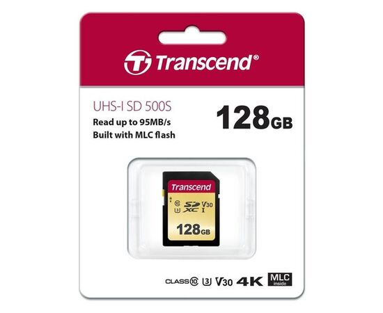  Карта памяти SDXC Transcend 500S, 128 Гб, UHS-I Class U3 V30, чтение: до 95Мб/с, запись: до 65Мб/с 