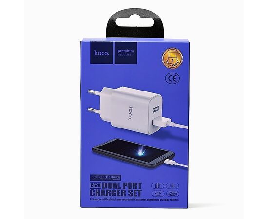  Адаптер Сетевой с кабелем Hoco C62A Victoria 2USB/5V/2.1A +Type-C (white) 