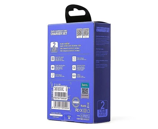  Адаптер Сетевой с кабелем Hoco C62A Victoria 2USB/5V/2.1A +Type-C (white) 
