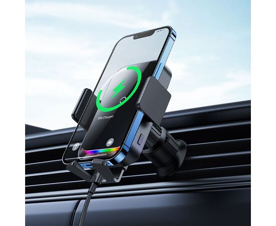  Автомобильный держатель BASEUS Halo Electric, зажимной с беспроводной зарядкой, 15W, на воздуховод, черный 