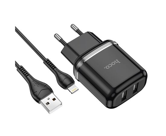  Сетевое зарядное устройство HOCO N4 Aspiring 2xUSB с Кабелем USB - Lightning, 2.4A, 10.8W, черный 