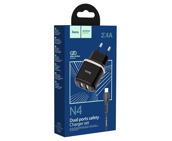  Сетевое зарядное устройство HOCO N4 Aspiring 2xUSB с Кабелем USB - Lightning, 2.4A, 10.8W, черный 