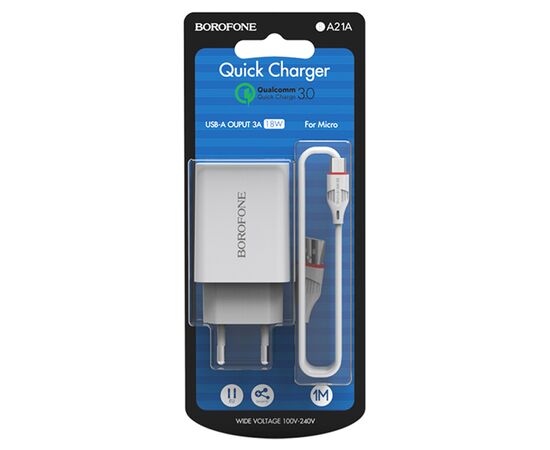  Сетевое зарядное устройство BOROFONE BA21A Long journey 1xUSB с Кабелем USB - Micro, 3A, 18W, белый 