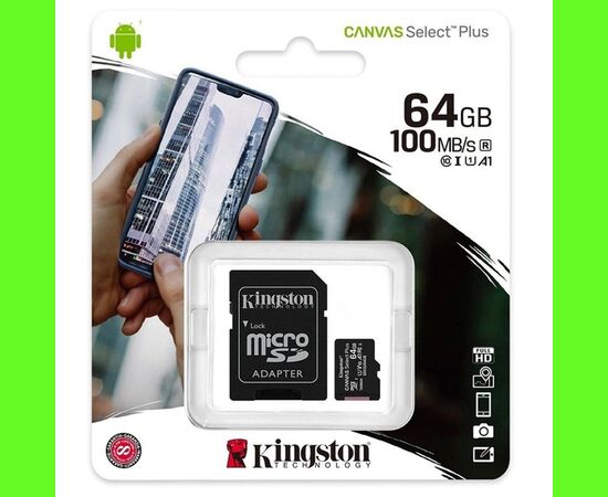  Карта флэш-памяти MicroSD 64 Гб Kingston Canvas Select Plus UHS-1, A1+ SD адаптер (205117) 