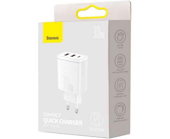  СЗУ Baseus Compact Quick Charger 2USB+Type-C 30W, CCXJ-E02 (White) 