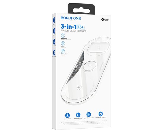  Беспроводное зарядное устройство BOROFONE BQ19 Powerful 3-in-1 для iPhone+Airpods+Apple Watch, 3A, 5W/7.5W/10W/15W, белый 