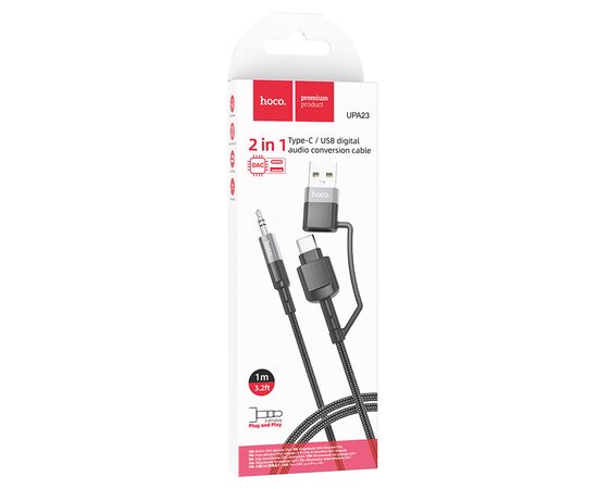  Аудиокабель HOCO UPA23 AUX Jack 3.5 (m) - USB (m) / Type-C (m), 1 м, серый металлик 