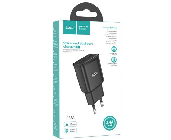  HOCO C88A/ Сетевое ЗУ/ 2 USB/ Выход: 12W/ Black 
