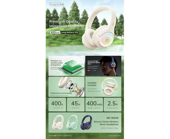 Наушники полноразмерные bluetooth REMAX Bincorui Series Wireless Music Headphone RB-760HB (белый) 