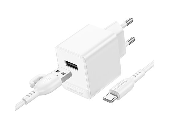  Адаптер Сетевой с кабелем Borofone BAS11A Erudite USB 2,1A/10,5W (USB/Type-C) (white) (225096) 