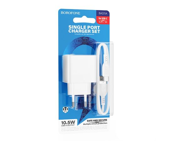  Адаптер Сетевой с кабелем Borofone BAS11A Erudite USB 2,1A/10,5W (USB/Type-C) (white) (225096) 