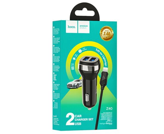  Адаптер Автомобильный с кабелем Hoco Z40 Superior 2USB/5V/2.4A +lightning (black) (202566) 